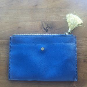 J Crew blue leather clutch with gold tassel